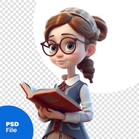 Ilustração 3d de uma linda garota de desenho animado óculos lendo