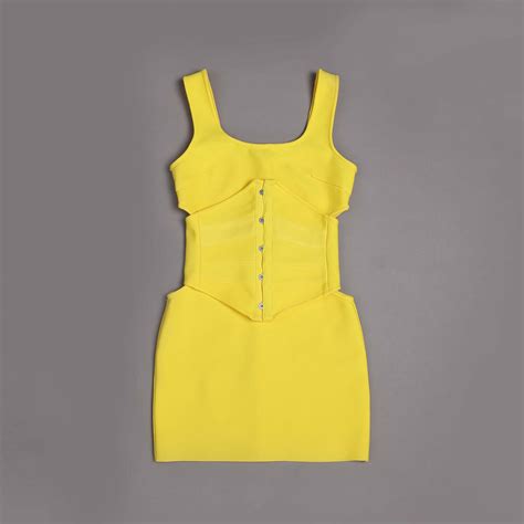 Yellow Color Women Sleeveless Sexy O Neck Bodycon Mini Dress Rayon Bandage Fashion Celebrate