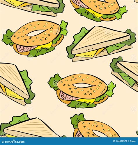 Sandwich Doodles Cute Seamless Pattern Vector Print Stock Vector