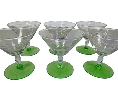 Vintage Etched Footed Stemware Glasses Uranium Vaseline Glass Green Foot 3 78h 6 Glasses