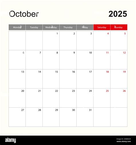Wall calendar template for October 2025. Holiday and event planner