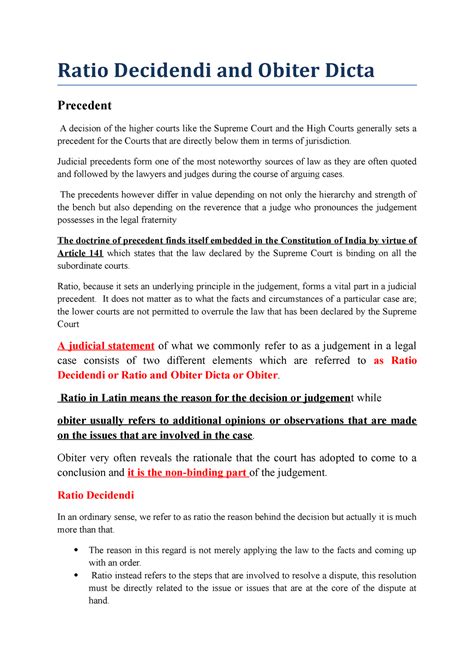 Ratio Decidendi And Obiter Dicta Ratio Decidendi And Obiter Dicta