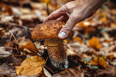 Hand Picking Up Large Brown Boletus Mushroom In Forest Stock