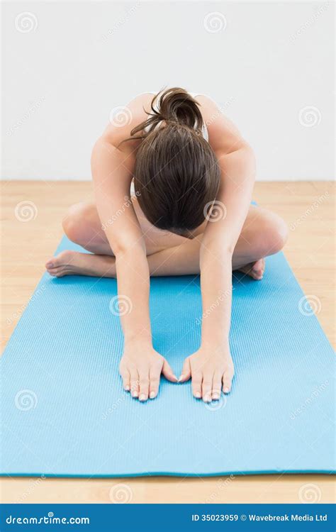 Sporty Woman Stretching Hands On Exercise Mat Stock Image Image Of