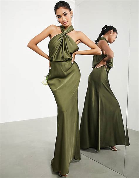 Asos Design Bridesmaid Satin Ruched Halter Neck Maxi Dress In Olive Asos