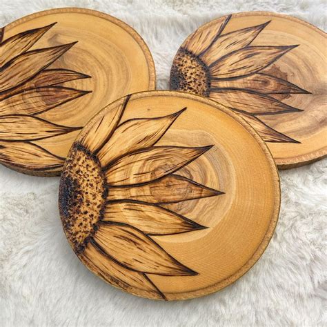 Wood Burned Sunflower Coasters Wood Coasters Diy Wood Burning Art