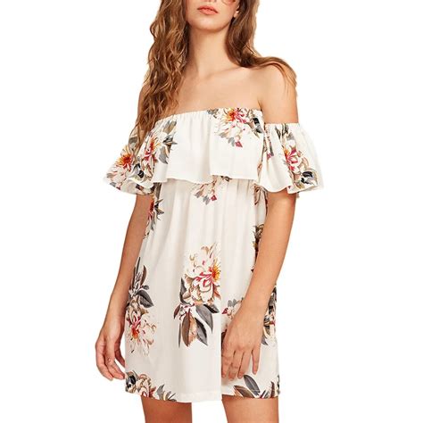 Women Fashion Off Shoulder Strapless Short Sleeve Printing Loose Elegant Mini Dresses Vestido