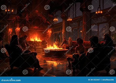 A Cozy Fireplace Scene With People Gathered Around The Warm Glow Of The Flames Stock