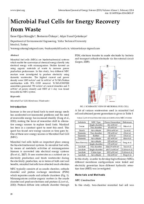 Pdf Microbial Fuel Cells For Energy Recovery From Waste Co Sep