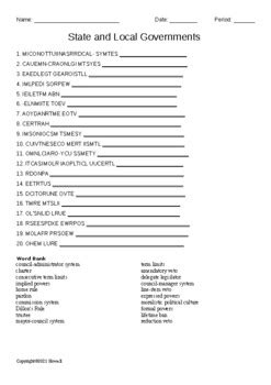 State And Local Governments Vocabulary Word Scramble For American