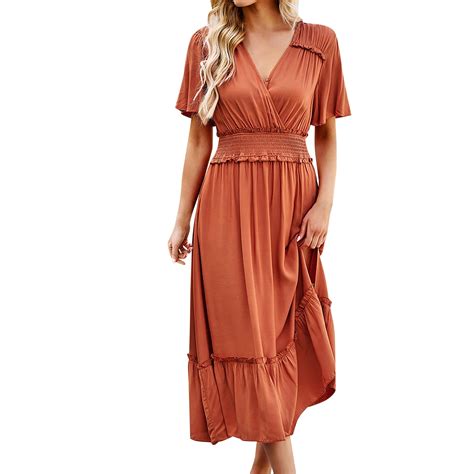 Weaiximiung Summer Solid Color V Dress Temperament Waist Slit Long