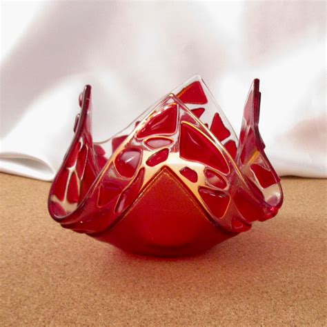 Red Fused Glass Candle Holder Fused Glass Christmas Decor Etsy