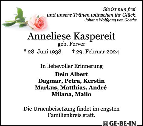 Traueranzeigen Von Anneliese Kaspereit Trauer Gedenken