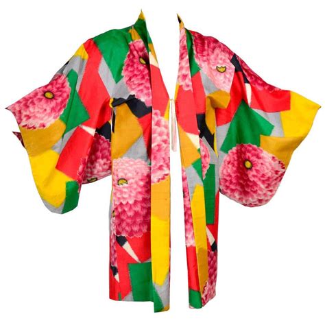 Japanese Vintage Haori Silk Kimono Jacket In Bold Zinnia And Geometric