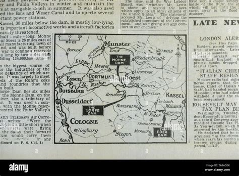 Inside page showing a map of the Ruhr Valley and the raided dams in the ...