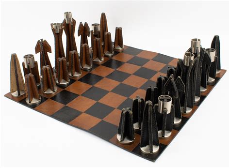 Jacques Adnet Hand Stitched Black And Cognac Leather Chess Board And