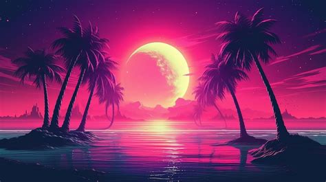 Premium Ai Image Retrowave Synthwave Or Vaporwave Beach 80s Landscape