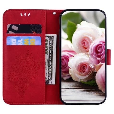 For Infinix Smart X Hot Lite Butterfly Rose Embossed Leather Phone Case Red