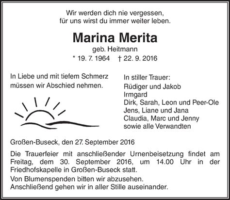 Traueranzeigen Von Marina Merita Vrm Trauer De