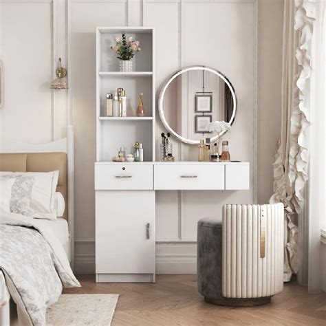 Makeup Vanity Desk with Mirror and Lights, White Vanity Table Set with
