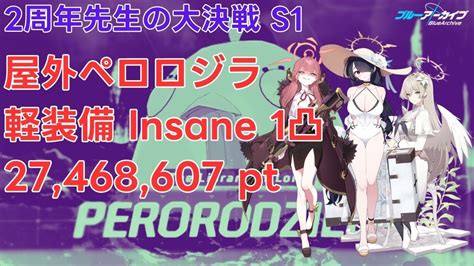 【ブルアカ】屋外ペロロジラinsane軽装備1凸クリア 27468607pt アル・水着ヒナタ・ナギサ編成【2周年先生の大決戦s1】 Youtube