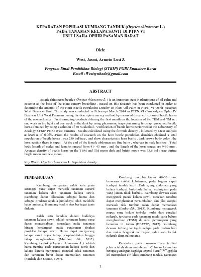 Kepadatan Populasi Kumbang Tanduk Oryctes Rhinoceros L Pada Tanaman