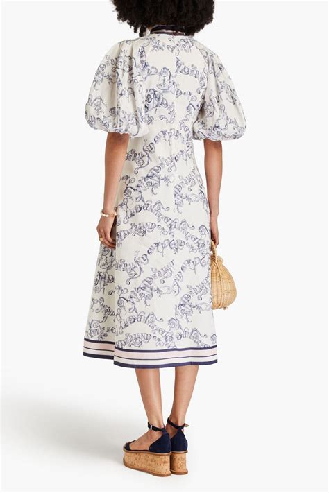 ZIMMERMANN Pussy Bow Printed Linen Midi Dress THE OUTNET