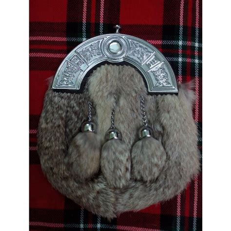 Full Dress Kilt Sporran With Celtic Cantle Grey Rabit Fur Sporran