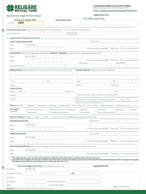 Fillable Online Common Application Form For Lumpsum And Sip Investments