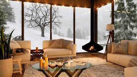 Cozy Cabin In Winter Ambience With Fireplace Snowstorm Wind Sounds