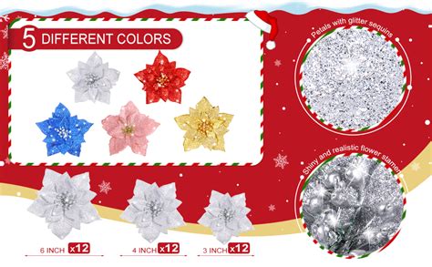 WILLBOND 36 Pieces Christmas Glitter Poinsettia Faux Flowers Christmas