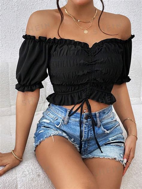 Shein Vcay Off Shoulder Frill Trim Drawstring Front Crop Blouse Shein Usa