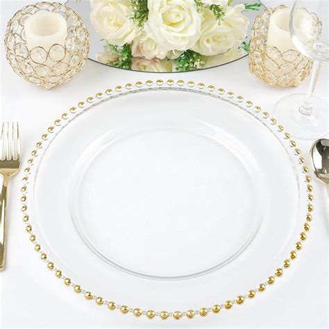 Efavormart 8 Pack 12 Gold Beaded Round Glass Charger Plates Event Tabletop