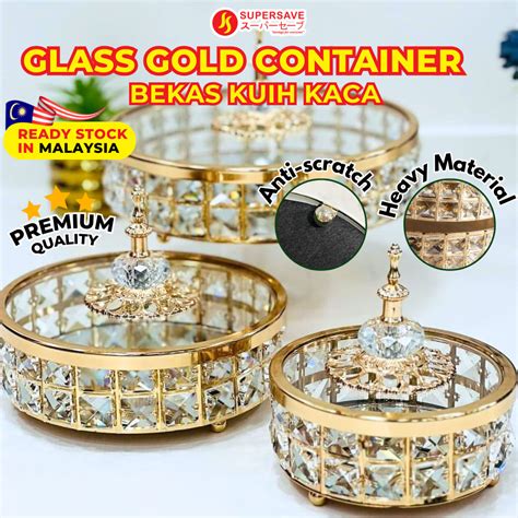 SUPERSAVE Bekas Kuih Raya Kaca Glass Gold Container Raya 2024 Storage