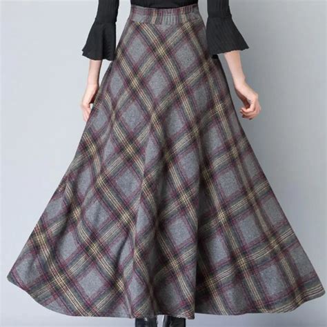 Elegant Women Skirts Autumn Winter Plaid Long Skirts Women Maxi Skirt