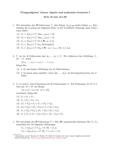 ÜB 10 Übungsblatt zur Linearen Algebra Ubungsaufgaben 1 Lineare