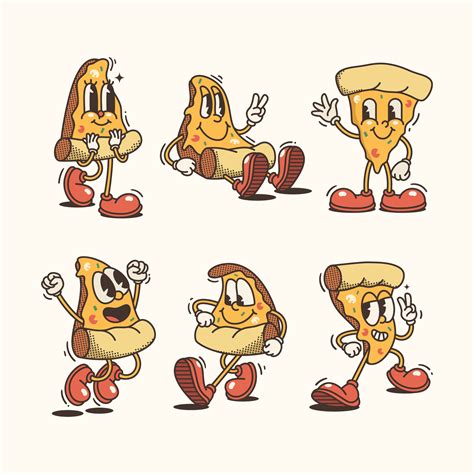 Set of Trendy Pizza and Cartoon Characters, Vintage character vector ...