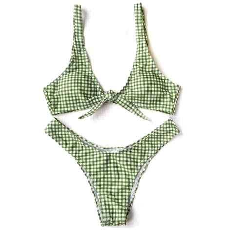 Women Thong Plaid Front Tie Bikini Set Low Waisted Plunging Neck