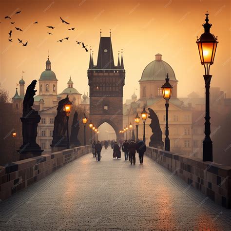 Premium Photo People Walking Across A Bridge With A Clock Tower In