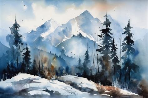 Uma Pintura Em Aquarela De Uma Paisagem Montanhosa Neve E Rvores