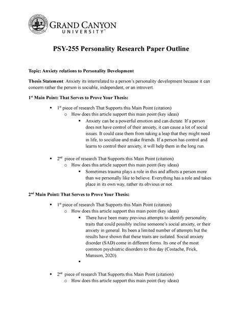 Benchmark Outline Grade A PSY 255 Personality Research Paper