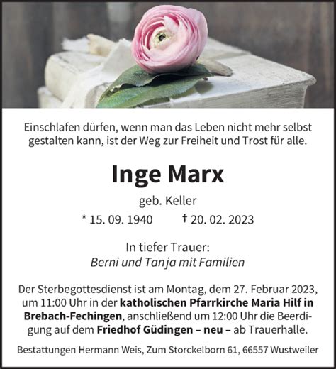 Traueranzeigen Von Inge Marx Saarbruecker Zeitung Trauer De