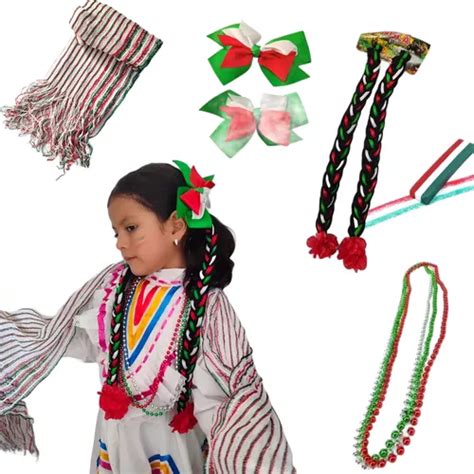 Disfraz Adelita Patrio Niña Rebozo Collares Trenzas Moños Diadema