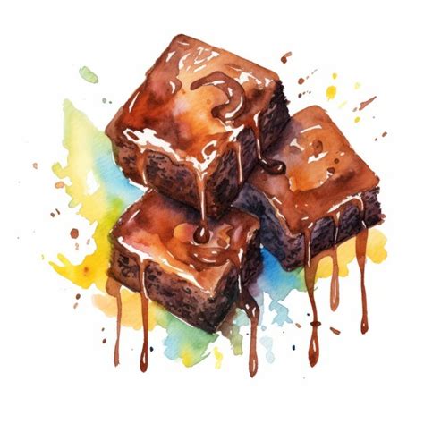 Premium Ai Image Watercolor Brownies With Chocolate Glaze