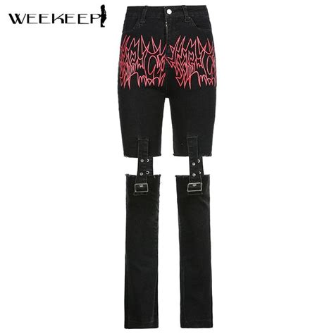 Weekeep Gothic Print Cut Out Blcak Jeans Women High Waist Denim Long