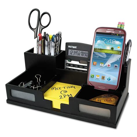 Midnight Black Desk Organizer With Smartphone Holder 6 Compartments