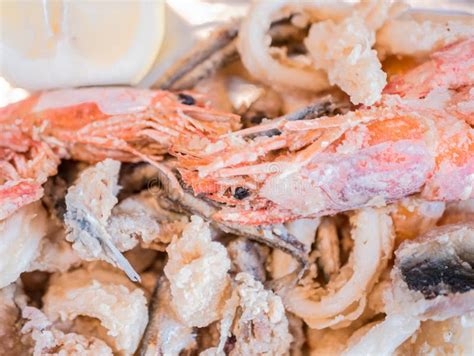 Typical Italian Dish Mixed Fried Fresh Fish With Squid Rings Sardines