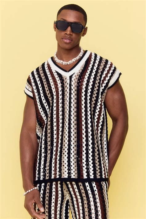 Boxy Oversized Open Stitch V Neck Stripe Sweater Vest Boohooman Usa