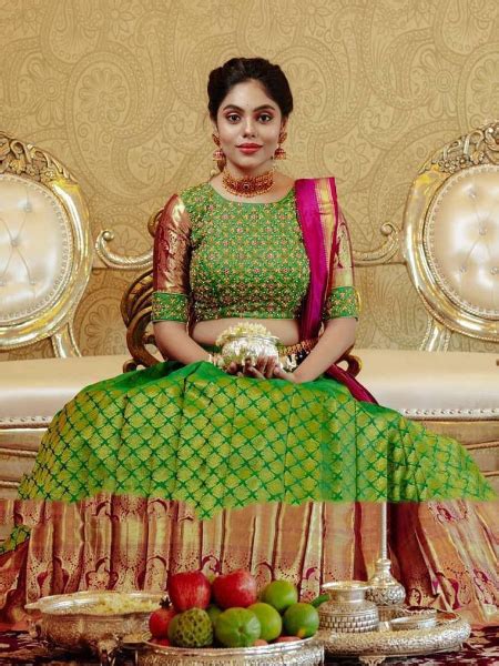 Green Kanjivaram Pattu Half Saree Lehenga With Embroidery Blouse And