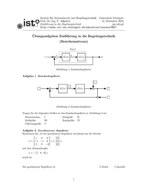 Uebungsaufgaben Bestehensniveau Institut F R Systemtheorie Und